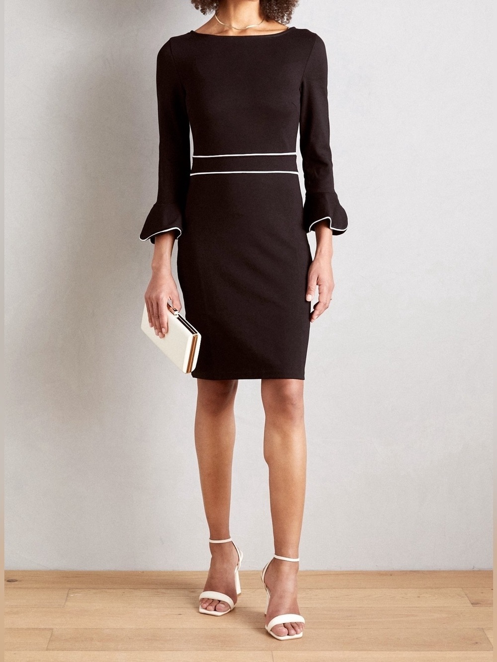 Anna Field Black Sheath Dress with Bell Sleeves and White Trim